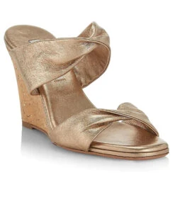 Elegance Avenue -Elegance Avenue Twist Metallic Leather Wedge Mules in Light Copper 1